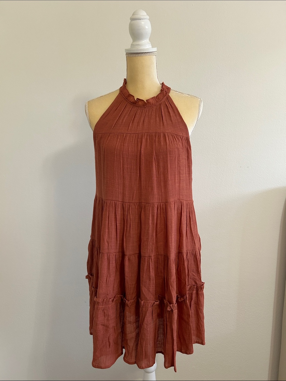Altar’d State. Sleeveless Tiered Halter Dress in Rust